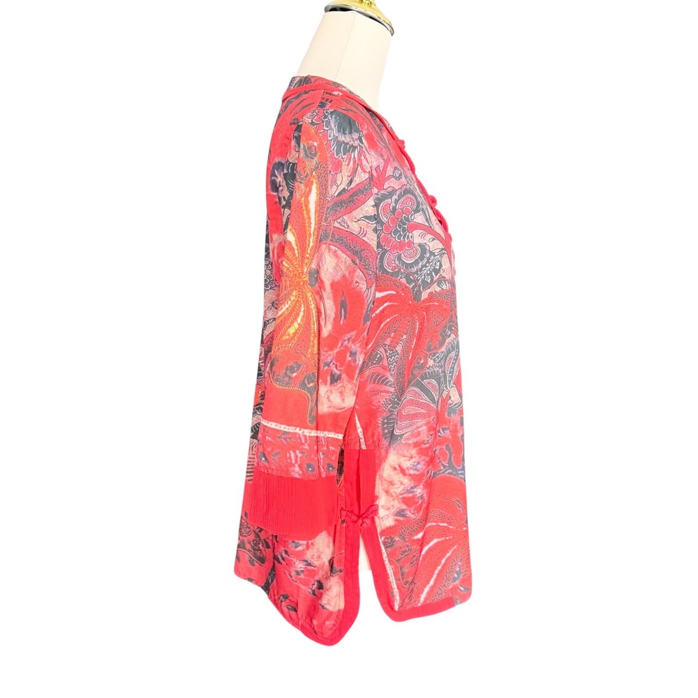 Soft Surroundings Red Floral Butterfly Tunic Top Frog Closure Womens Small 31281 - Picture 3 of 12